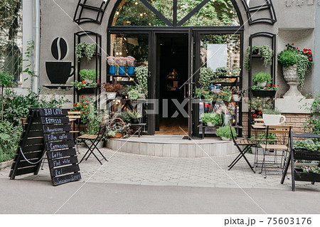 Beautiful lounge place for date, eco cafe and flower studio in city opening after covid-19 pandemic Beautiful lounge place for date, eco cafe and flower studio in city opening after covid-19 pandemic 75603176