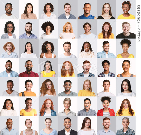 Collage of happy mixed young people portraits on studio backgrounds 75603365