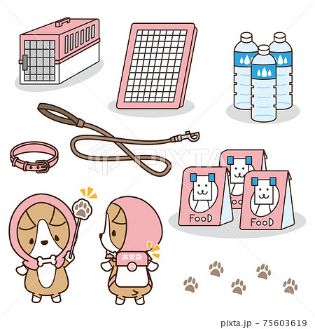 防災頭巾を被って非常袋を持った良い犬のコーギーと避難時に準備しておきたいグッズ 防災頭巾を被って非常袋を持った良い犬のコーギーと避難時に準備しておきたいグッズ 75603619