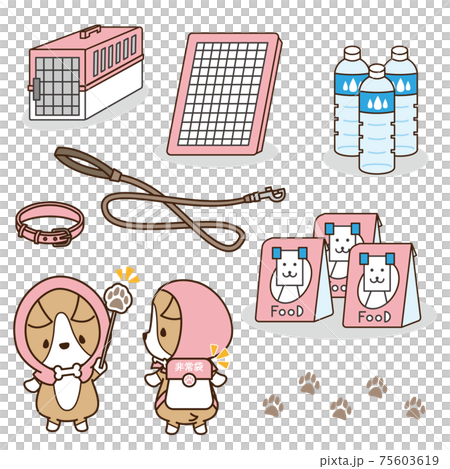 防災頭巾を被って非常袋を持った良い犬のコーギーと避難時に準備しておきたいグッズ 防災頭巾を被って非常袋を持った良い犬のコーギーと避難時に準備しておきたいグッズ 75603619