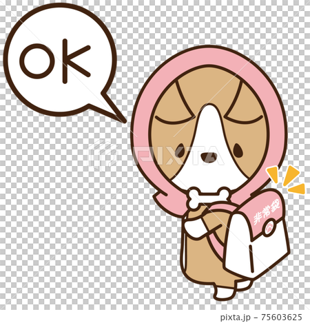 A well-prepared dog Corgi wearing a disaster prevention hood and holding an emergency bag A well-prepared dog Corgi wearing a disaster prevention hood and holding an emergency bag 75603625