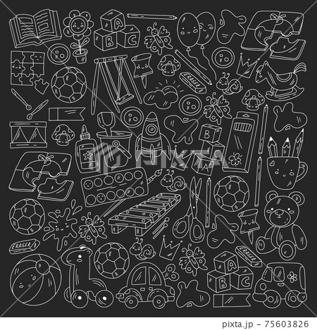 Kindergarten and toys. Little children game. Kids playground. Education, creativity, imagination. 75603826