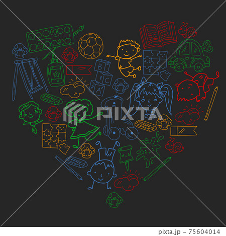 Kindergarten. Vector pattern with toys and small children. Preschool education. Kindergarten. Vector pattern with toys and small children. Preschool education. 75604014