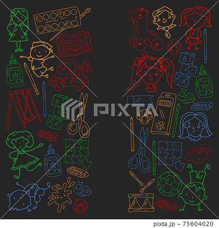 Kindergarten. Vector pattern with toys and small children. Preschool education. Kindergarten. Vector pattern with toys and small children. Preschool education. 75604020