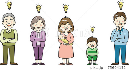 何かを思いついた三世代家族（電球マーク） 75604152