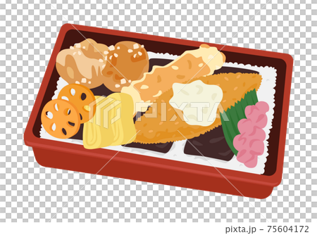 ご飯とおかずの間に海苔を乗せた海苔弁のイラスト。揚げ物や唐揚げなどトッピングした和食の弁当。 75604172