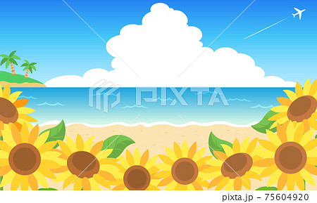 夏のひまわりと海と入道雲のベクターイラスト 風景 背景 のイラスト素材