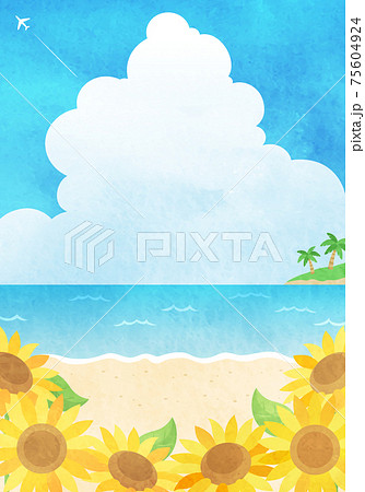 夏のひまわりと海と入道雲の水彩風ベクターイラスト 風景 背景 のイラスト素材