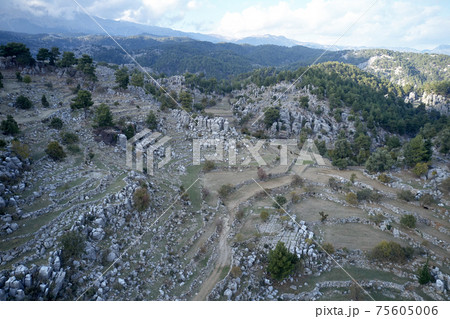 Panoramic view of mountains with rock formations and green forests. 75605006