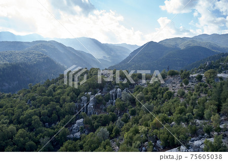 Panoramic aerial view of mountains and sky on a summer day. 75605038