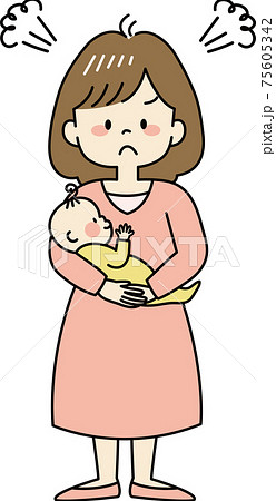 プンプン怒るお母さんと赤ちゃん（全身） 75605342