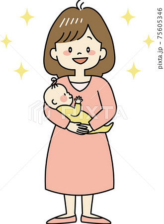 目をキラキラ輝かせるお母さんと赤ちゃん（全身）のイラスト素材