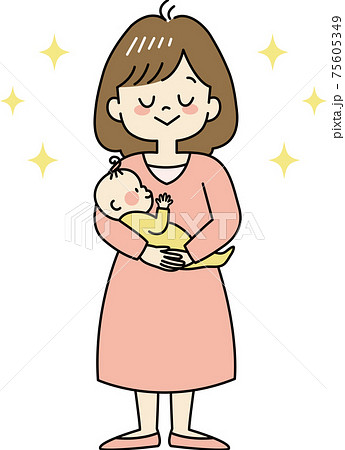赤ちゃんを抱っこして幸せを感じるお母さん 全身 のイラスト素材