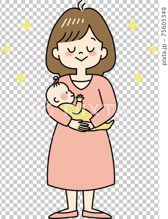 赤ちゃんを抱っこして幸せを感じるお母さん 全身 のイラスト素材