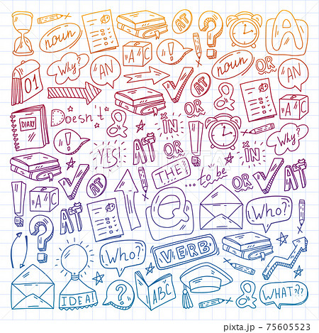 Doodle vector concept illustration of learning English language. English language courses. School. College. University. Doodle vector concept illustration of learning English language. English language courses. School. College. University. 75605523