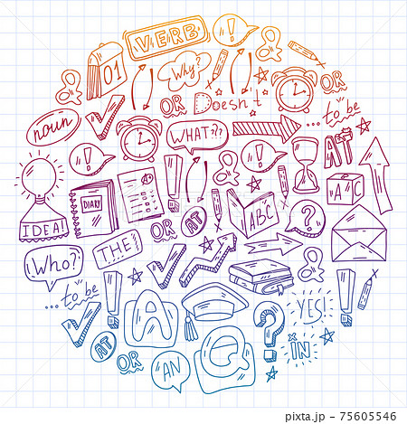 Doodle vector concept illustration of learning English language. English language courses. School. College. University. 75605546