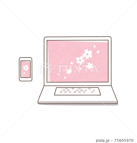 スマホとノートパソコン 桜の花のイラスト素材