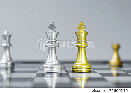 Gold and silver Chess King figure on Chessboard against opponent or enemy. Strategy, Conflict, management, business planning, tactic, politic, communication and leader concept Gold and silver Chess King figure on Chessboard against opponent or enemy. Strategy, Conflict, management, business planning, tactic, politic, communication and leader concept 75606256