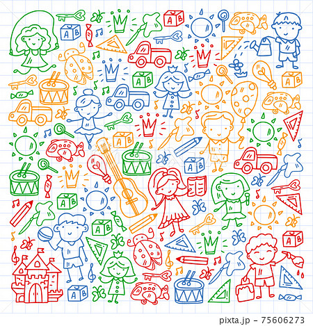 School, kindergarten with cute vector children. Creativity and imagination. Dancing, singing, painting, online education. School, kindergarten with cute vector children. Creativity and imagination. Dancing, singing, painting, online education. 75606273