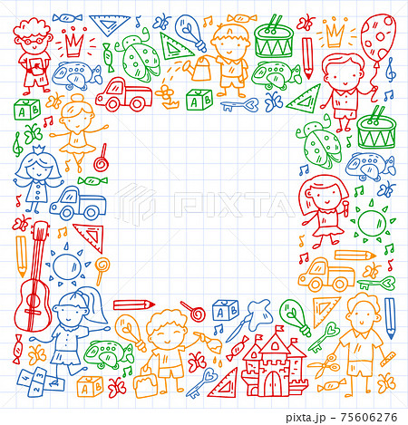 School, kindergarten with cute vector children. Creativity and imagination. Dancing, singing, painting, online education. School, kindergarten with cute vector children. Creativity and imagination. Dancing, singing, painting, online education. 75606276