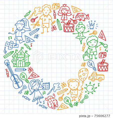 School, kindergarten with cute vector children. Creativity and imagination. Dancing, singing, painting, online education. School, kindergarten with cute vector children. Creativity and imagination. Dancing, singing, painting, online education. 75606277