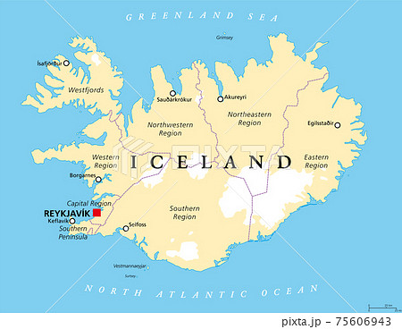 Regions of Iceland, political map, with capital Reykjavik. Eight regions and their seats, used for statistical purposes. Nordic island country in Atlantic Ocean. English labeling. Illustration. Vector Regions of Iceland, political map, with capital Reykjavik. Eight regions and their seats, used for statistical purposes. Nordic island country in Atlantic Ocean. English labeling. Illustration. Vector 75606943