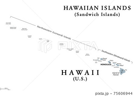Hawaiian Islands, Sandwich Islands, gray political map. U.S. state of Hawaii with capital Honolulu, and unincorporated territory Midway Atoll. Archipelago in North Pacific Ocean. Illustration. Vector. Hawaiian Islands, Sandwich Islands, gray political map. U.S. state of Hawaii with capital Honolulu, and unincorporated territory Midway Atoll. Archipelago in North Pacific Ocean. Illustration. Vector. 75606944