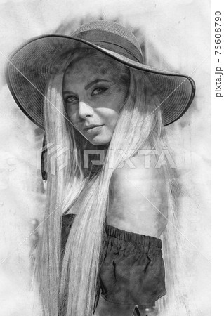 Portrait of a graceful woman in an elegant straw hat and dress sitting at a table in a cafe. Portrait of a graceful woman in an elegant straw hat and dress sitting at a table in a cafe. 75608790