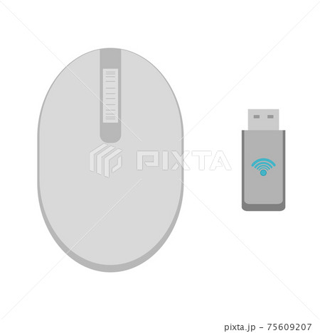 A wireless gray computer mouse in the shape of an oval, with two keys and a wheel. Radio module for a wireless mouse. Flat vector illustrations A wireless gray computer mouse in the shape of an oval, with two keys and a wheel. Radio module for a wireless mouse. Flat vector illustrations 75609207