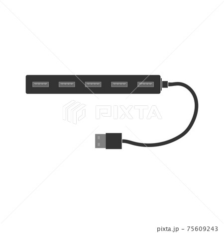 A simple rectangular USB hub with one row of USB connectors. A splitter for a computer or laptop. Flat vector illustration 75609243