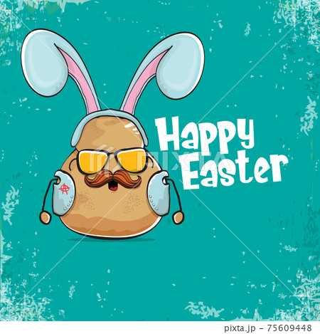 vector rock star easter potato funny cartoon character with blue bunny ears isolated on an azure background. rock n roll easter party poster or happy easter greeting card 75609448