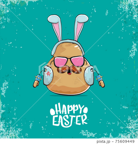 vector rock star easter potato funny cartoon character with blue bunny ears isolated on an azure background. rock n roll easter party poster or happy easter greeting card 75609449