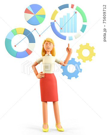 3D illustration of standing beautiful blonde woman pointing finger at business icons, charts, diagrams and infographics. 75609712