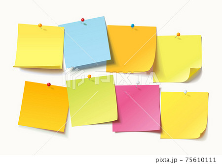 Colored sheets of note papers with curled corner and push pin 75610111