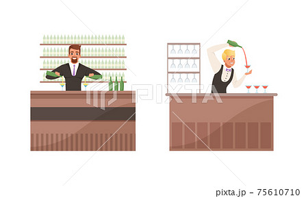 Barmen Shaking Cocktails at Bar Counter Set, Bartenders Characters Mixing Ingredients and Pouring Ready Alcoholic Drinks Cartoon Vector Illustration 75610710