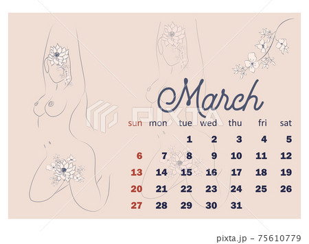 Beautiful silhouettes of women with flowers, beige tone. Wall horizontal calendar for 2022, week starts on Sunday. A4 format. 75610779