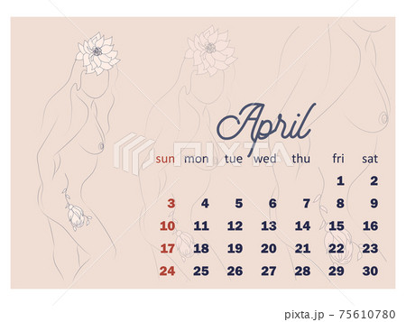 Beautiful silhouettes of women with flowers, beige tone. Wall horizontal calendar for 2022, week starts on Sunday. A4 format. 75610780