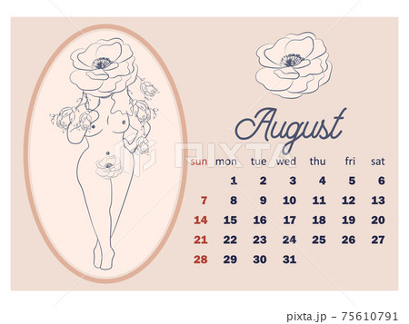 Beautiful silhouettes of women with flowers, beige tone. Wall horizontal calendar for 2022, week starts on Sunday. A4 format 75610791