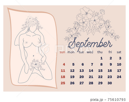Beautiful silhouettes of women with flowers, beige tone. Wall horizontal calendar for 2022, week starts on Sunday. A4 format 75610793