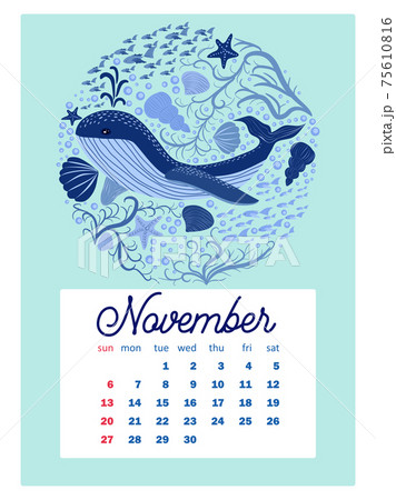 Marine life. Wall calendar design template for 2022, A4 format. Week starts on Sunday. Whale, mermaid, snail, shark, crab, stingray, seahorse, dolphin, octopus, turtle, jellyfish, clown fish etc. 75610816