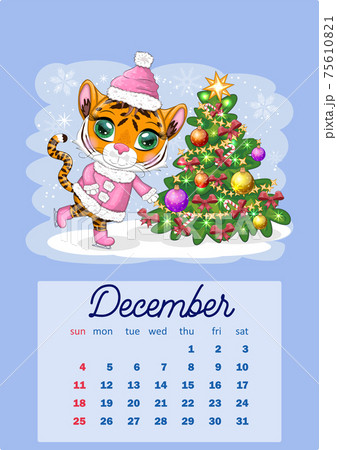 Cute Tiger Wall Calendar Template for 2022, Year of the Tiger, Chinese Calendar, A4. Week starts on Sunday. 75610821
