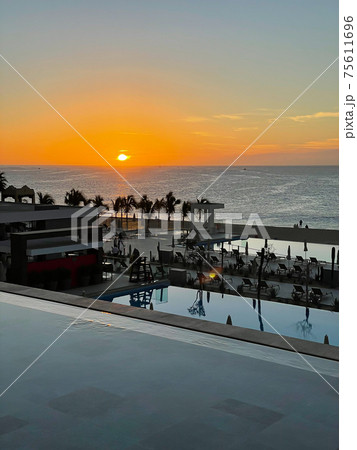 Patio view from the second floor at the sunset. 75611696