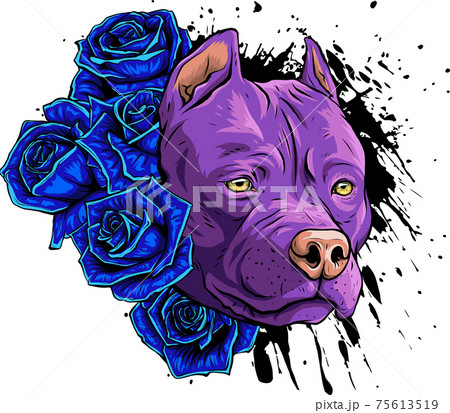 face dog with decoration blue roses vector illustration 75613519