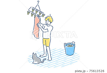 家事をする人物 男性 洗濯物干し イラストのイラスト素材