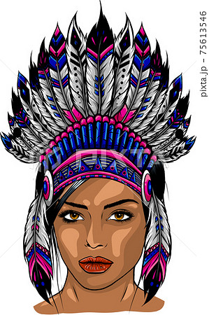 Beautiful girl in a headdress of North American Indians. 75613546