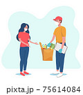 Safe delivery concept. Courier in protective mask and gloves deliver food to people in quarantine. Girl in mask receives the parcel with food. Vector illustration. Coronavirus, quarantine delivery. 75614084