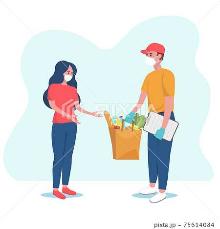 Safe delivery concept. Courier in protective mask and gloves deliver food to people in quarantine. Girl in mask receives the parcel with food. Vector illustration. Coronavirus, quarantine delivery. Safe delivery concept. Courier in protective mask and gloves deliver food to people in quarantine. Girl in mask receives the parcel with food. Vector illustration. Coronavirus, quarantine delivery. 75614084