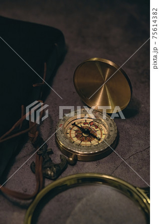 compass, book, and magnifying glass 75614382