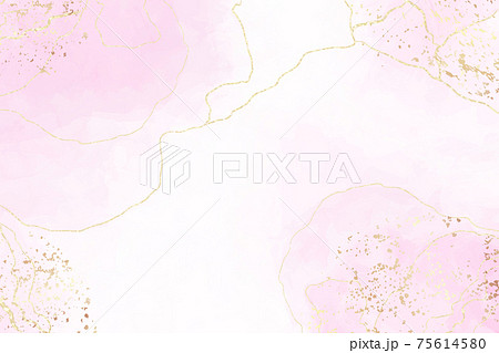 Abstract pink liquid watercolor background with golden crackers. Pastel marble alcohol ink drawing effect. Vector illustration design template for wedding invitation 75614580