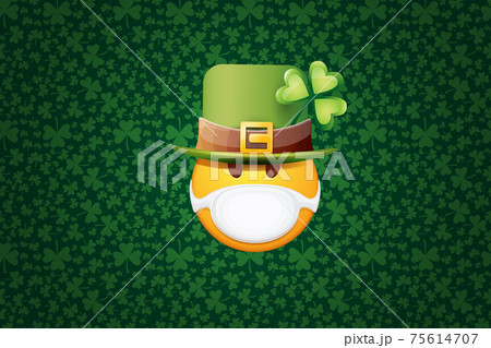 Vector Emoji sticker with mouth medical protection mask and saint Patricks green hat isolated on green horizontal background. Yellow st. Patricks smile face character with hat and white surgeon mask. Vector Emoji sticker with mouth medical protection mask and saint Patricks green hat isolated on green horizontal background. Yellow st. Patricks smile face character with hat and white surgeon mask. 75614707